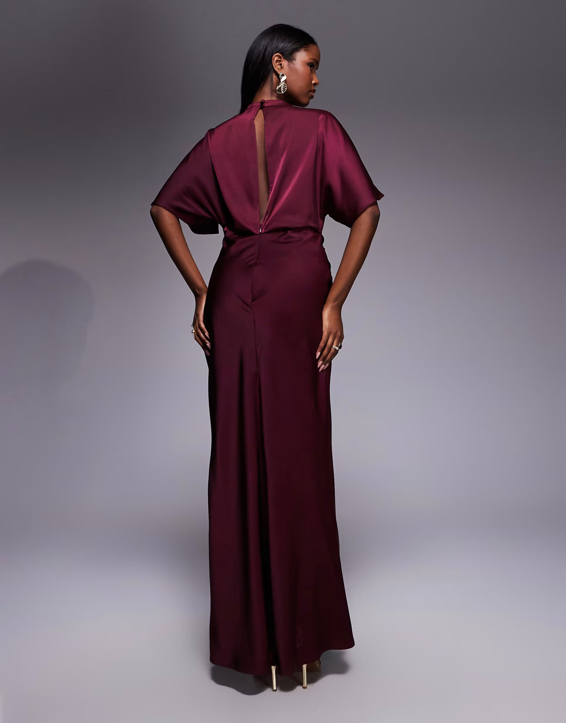 ASOS DESIGN satin high neck blouson maxi dress with flutter sleeve in plum | ASOS (Global)
