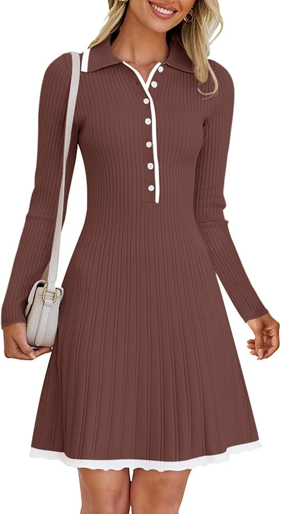 MEROKEETY Women's Long Sleeve V Neck Sweater Dress 2024 Fall Button Ribbed Knit Pleated Mini Dres... | Amazon (US)