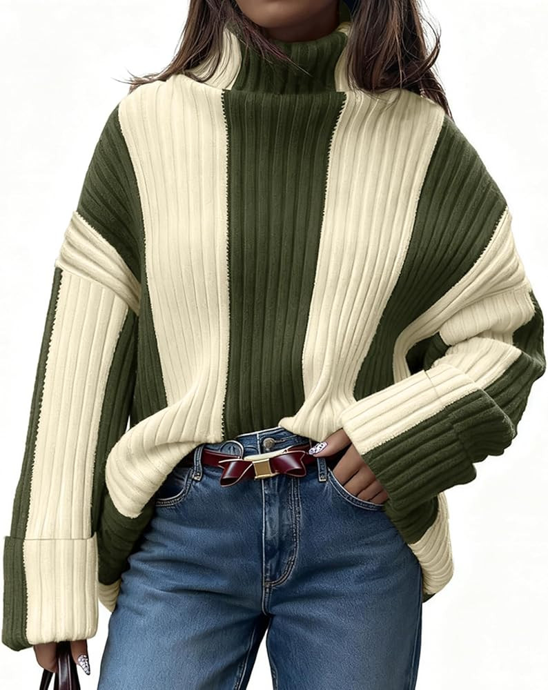 Saodimallsu Womens Turtleneck Sweater Color Block Striped Oversized Sweaters Winter Casual Trendy... | Amazon (US)