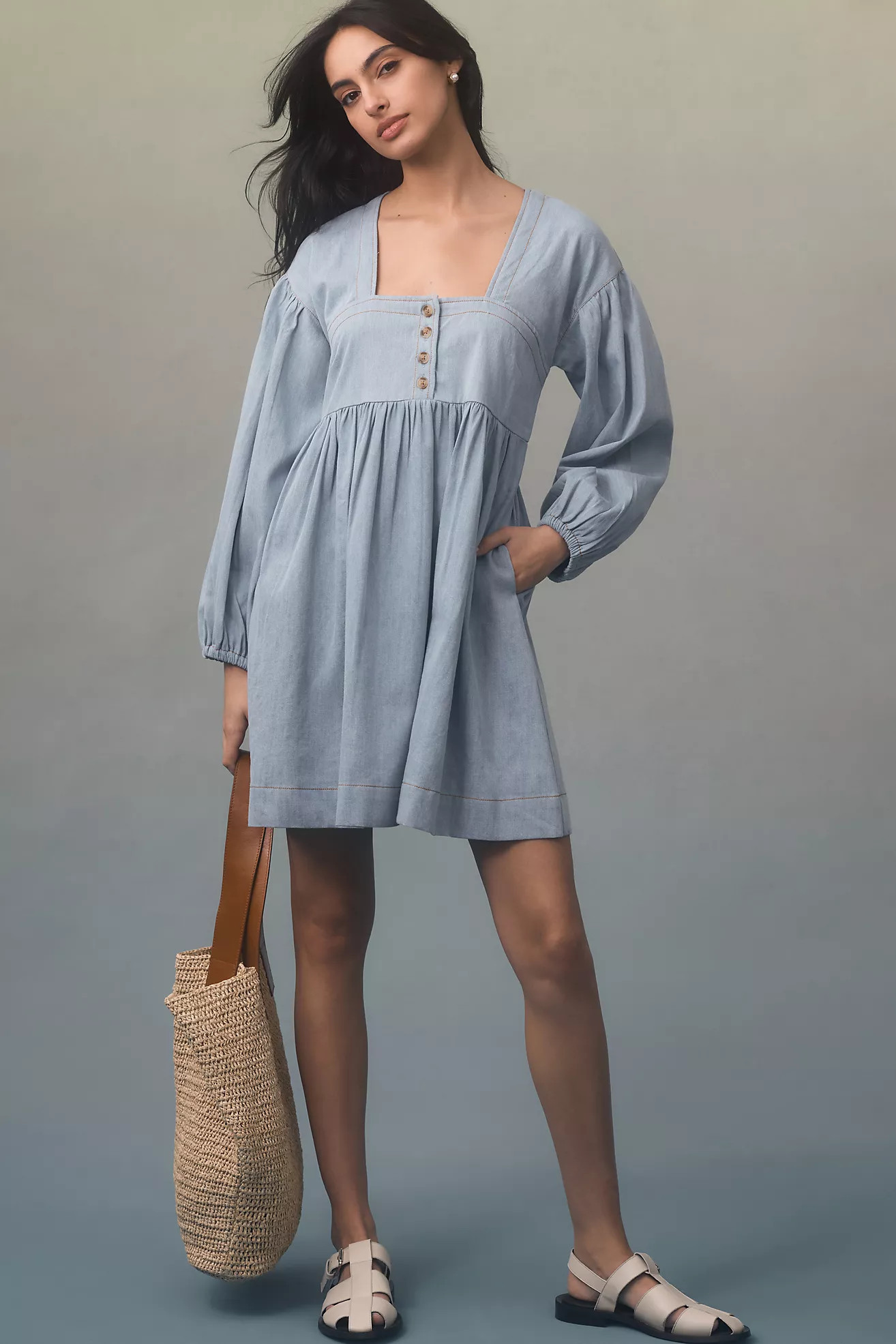 By Anthropologie Long-Sleeve Square-Neck Denim Babydoll Mini Dress | Anthropologie (US)