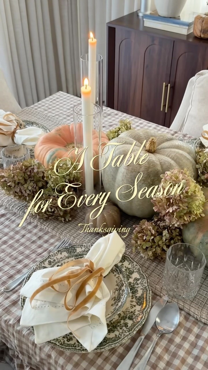 A table for every season 🤍 Thanksgiving 🍂

A little inspiration for setting a table that feels warm and welcoming. This setup is proof that you don’t need fancy decorations, just beautiful pumpkins, velvet ribbon, and dried hydrangeas. 🤎

Save this for your Thanksgiving table inspiration! ✨
 #tabledecor #thanksgiving #thanksgivingtabledecor #aesthetic #pintrestaesthetic