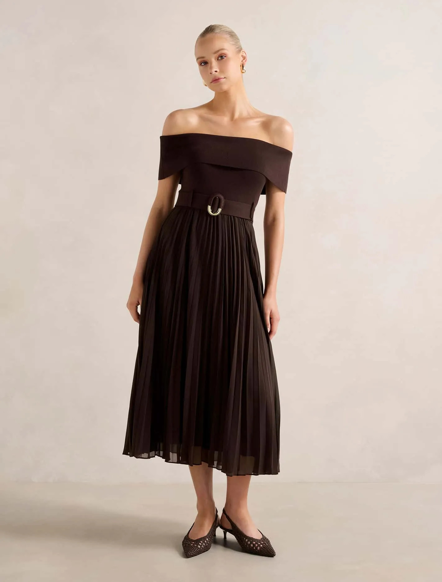 Capri Bardot Pleat Hem Midi Dress | Ever New (CA)