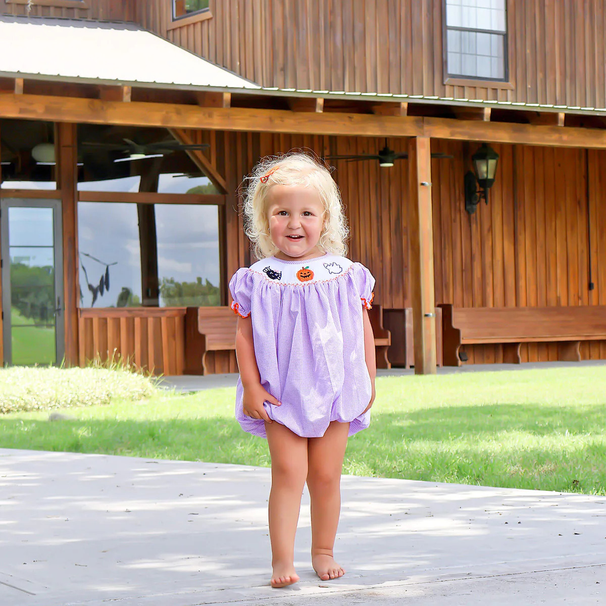 Halloween Smocked Lavender Gingham Bubble | Classic Whimsy