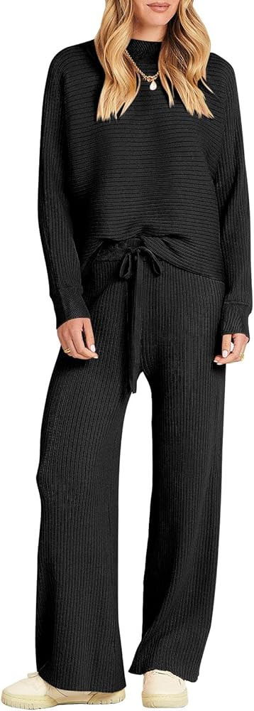 ANRABESS Women's Two Piece Outfits Crop Top Wide Leg Pants Cozy Knit Sweater Lounge Sets 2024 Fal... | Amazon (US)
