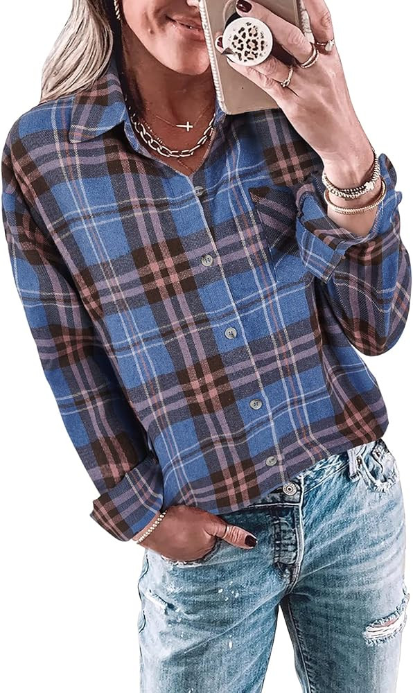 Wenrine Womens Long Sleeve Button Down Shirt Casual Plaid Flannel Shirt | Amazon (US)