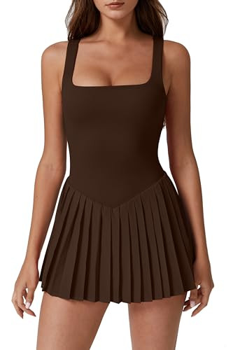 QINSEN Womens Chestnut XL Square Neck Tennis Dress with Built-in Shorts Pockets Summer Active Dress | Amazon (US)