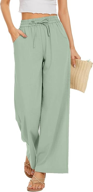 Women Flowy Pants Drawstring Waist Wide Leg Palazzo Beach Pants Loose Fit with Pockets | Amazon (US)