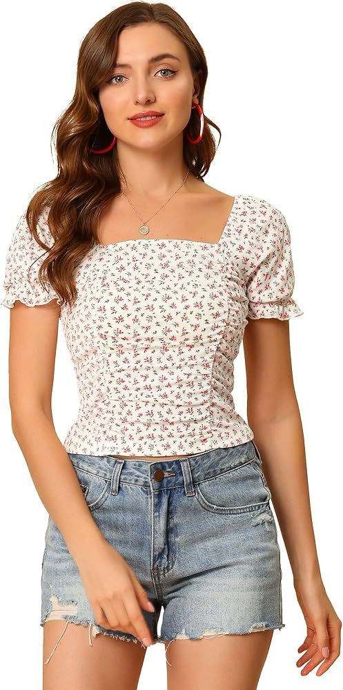 Allegra K Smocked Crop Top for Women's Slim Fit Peasant Floral Blouse | Amazon (US)