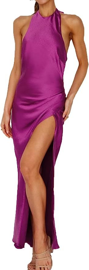Satin Silk Halter Tie Neck Maxi Formal Dresses for Women- Open Back Twist Ruched Slit Midi Cockta... | Amazon (US)