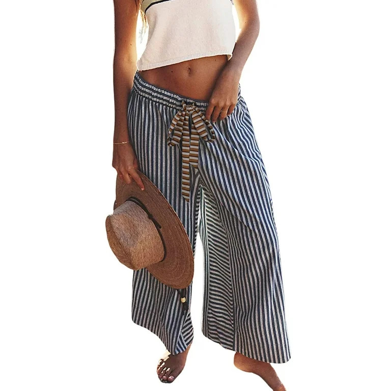 PUWEI Women's Striped Wide Leg Pants Loose Fit Drawstring Waist Casual Palazzo with Pockets | Walmart (US)