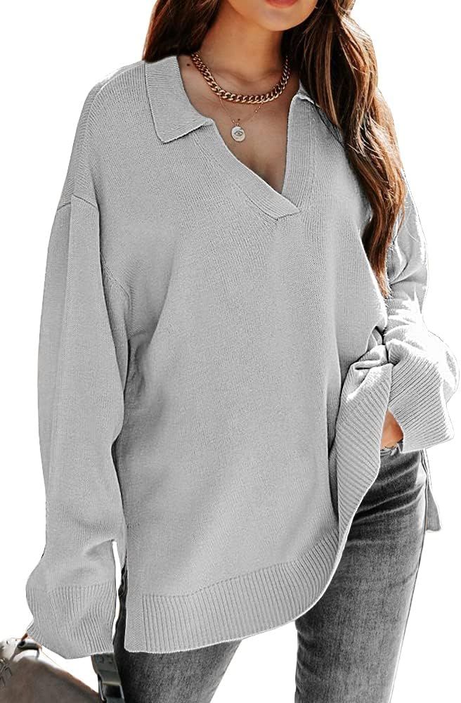 LILLUSORY Womens V Neck Collared Oversized Fall Sweater 2023 Sexy Long Sleeve Knit Pullover Tunic... | Amazon (US)