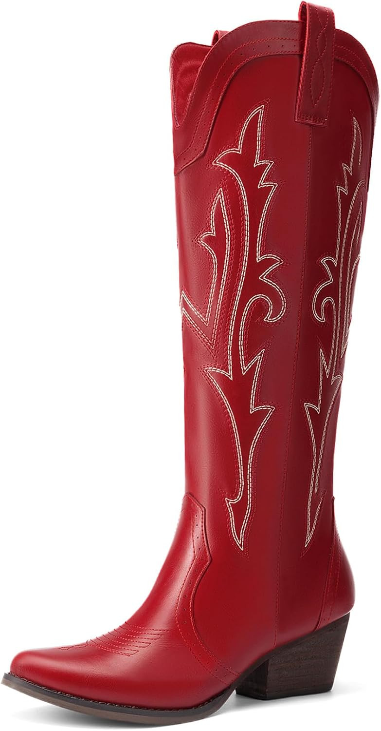 DREAM PAIRS Women's Embroidered Western Pull-On Knee-High Cowboy Boots | Amazon (US)