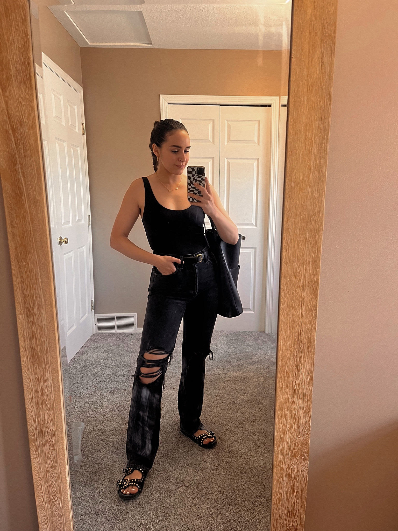 Birthday outfit // Black bodysuit, AGOLDE jeans, black jeans, studded sandals, tote bag. Sandals are on sale. 

#LTKstyletip #LTKshoecrush #LTKsalealert