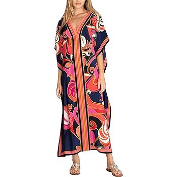 Eddoyee Women Long Print Swimwear Cover Up Sexy V Neck Side Split Beach Caftans Lounge Dresses | Amazon (US)