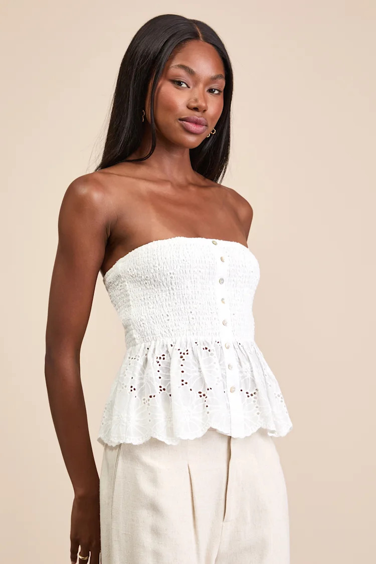Ahura White Eyelet Embroidered Peplum Strapless Top | Lulus