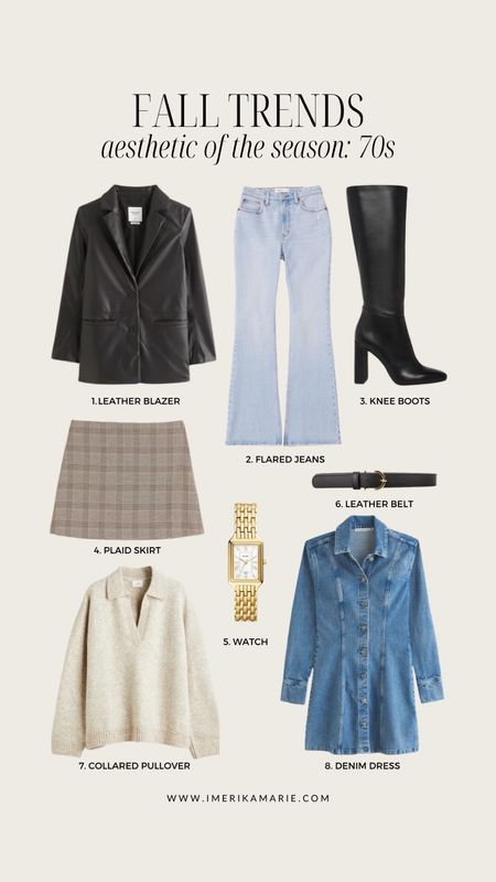 fall fashion trends. fall outfit. leather blazer. flared jeans. black knee high boots. plaid skirt. leather belt. gold square watch. fossil watch. h&m pullover. steve madden. abercrombie and fitch. denim dress. 70s outfit.

#LTKSeasonal #LTKstyletip #LTKunder100