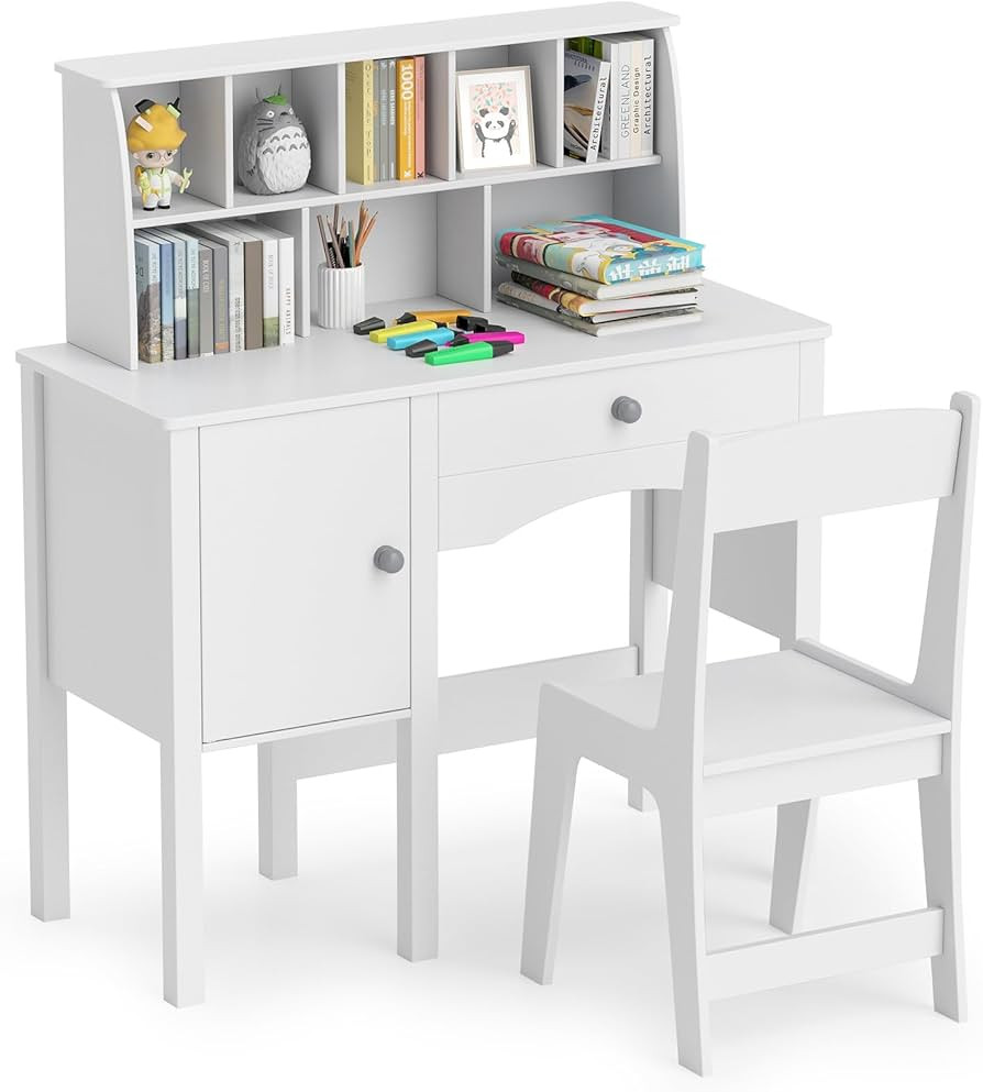 Costzon Kids Desk and Chair Set, Wooden Kids Study Desk with Hutch, Large Cabinet & Drawer for Wr... | Amazon (US)