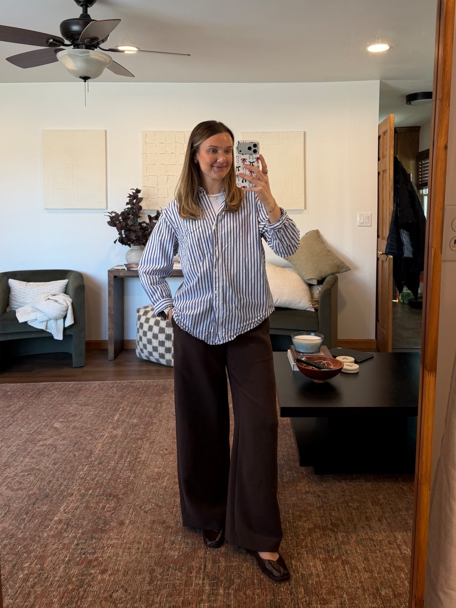 The @Aritzia lodge pants you need! Size small

Business casual, work outfit, spring work style, brown pants, brown square toe flats, button up striped shirt, spring fashion, work outfit, business casual workwear

#LTKWorkwear #LTKootd