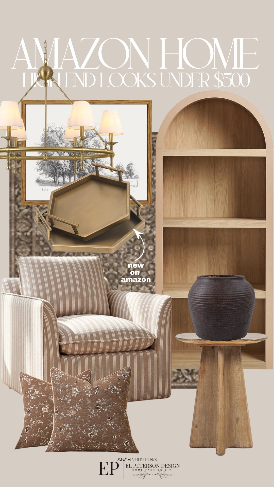 Amazon
Bookcase
Trays
Artwork
Vase
End table
Accent Chair
Area rug
Chandelier 
Pillows

#LTKHome