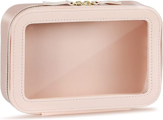 Clear Makeup Bag Large Cosmetic Bag PU Leather Cosmetic Organizer Portable Travel Toiletry Pouch ... | Amazon (US)