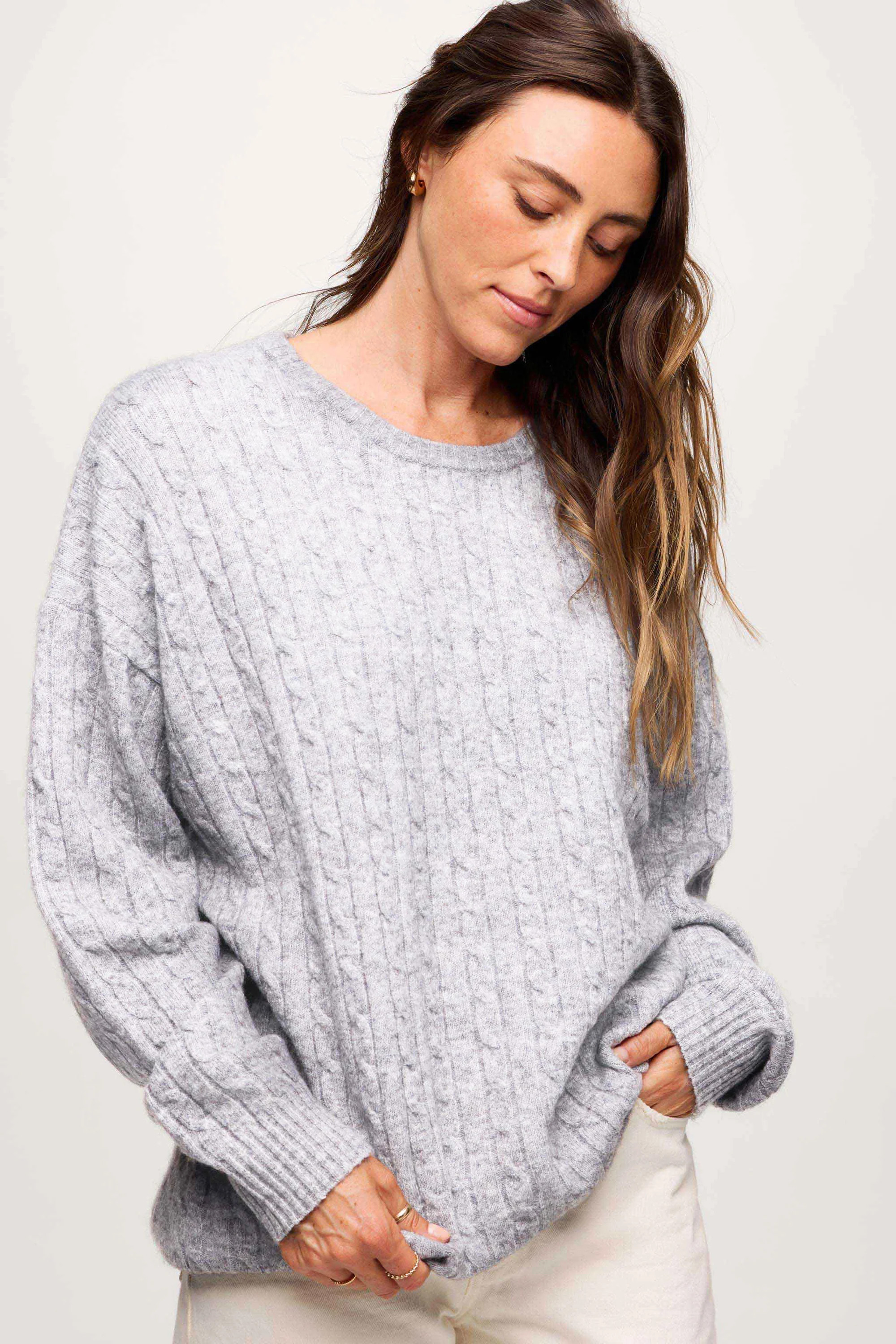 Cozy Knit Cable Crewneck Sweater | Heather Grey | Nuuds US