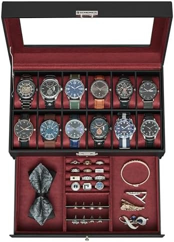 SONGMICS Watch Box, 12-Slot Watch Case Organizer with Large Glass Lid, 2 Layers, Removable Pillow... | Amazon (US)