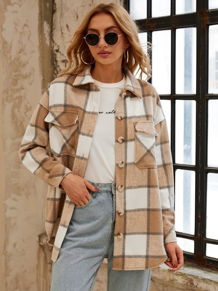 SHEIN Mantel mit Plaid Muster, Pattentasche, Drop Shoulder | SHEIN