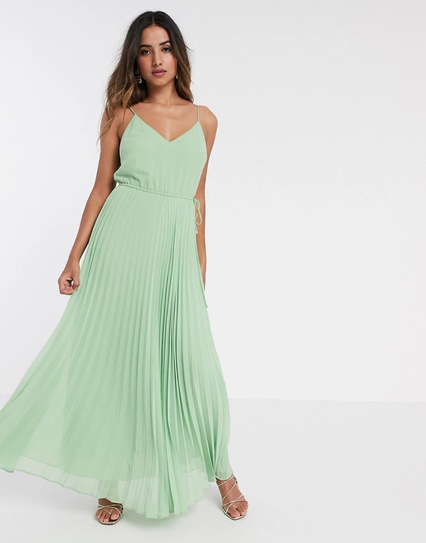 ASOS DESIGN pleated cami maxi dress with drawstring waist in sage green | ASOS (Global)