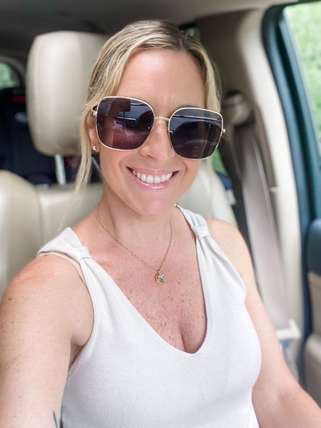 Baby shower look. Casual and comfy. White denim on the bottoms! These oversized square frames sunglasses are everything! Size down one on the top. Possibly even 2! 

#LTKunder50 #LTKFind #LTKstyletip