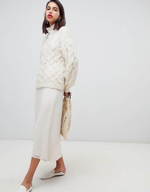 Mango satin wrap front midi skirt in camel | ASOS US