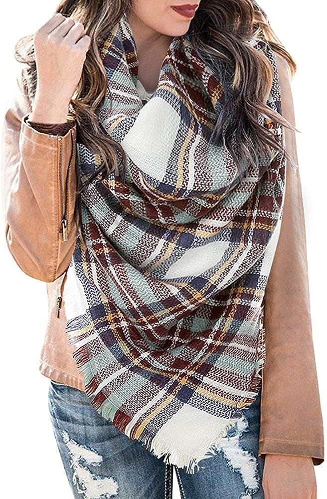 Womens Plaid Blanket Scarf Big Square Scarves Warm Tartan Checked Shawl | Amazon (US)