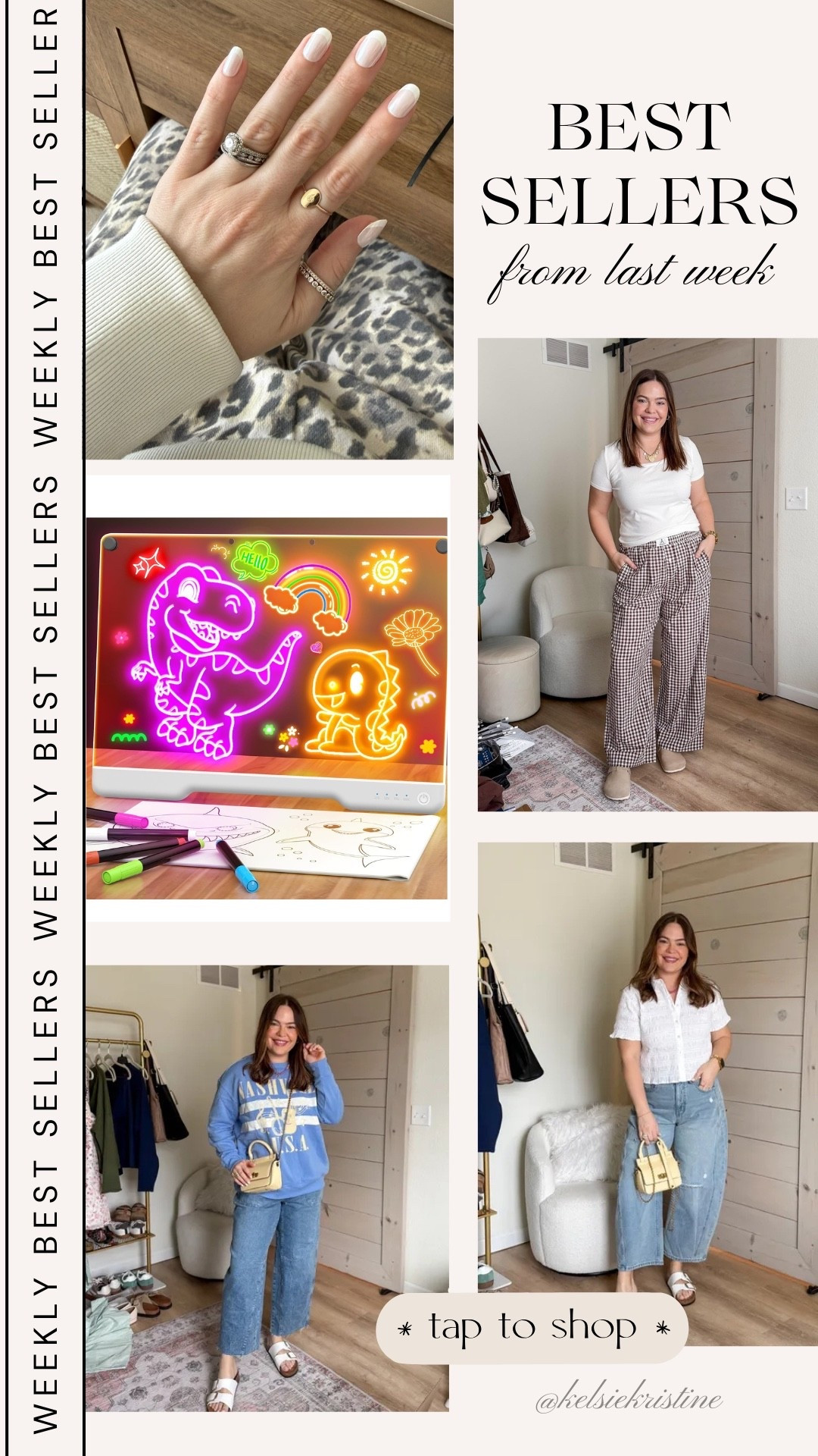 Last weeks best sellers // press on nails / go to white tee / led doodle board for kids / cropped jeans / business casual top 

#LTKKids #LTKMidsize #LTKmomlife