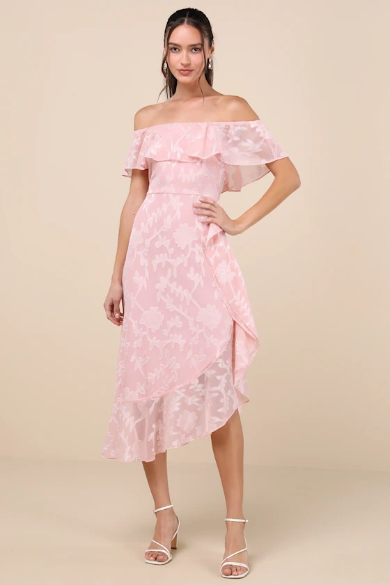 Pretty Perfect Blush Burnout Floral Off-the-Shoulder Midi Dress | Lulus