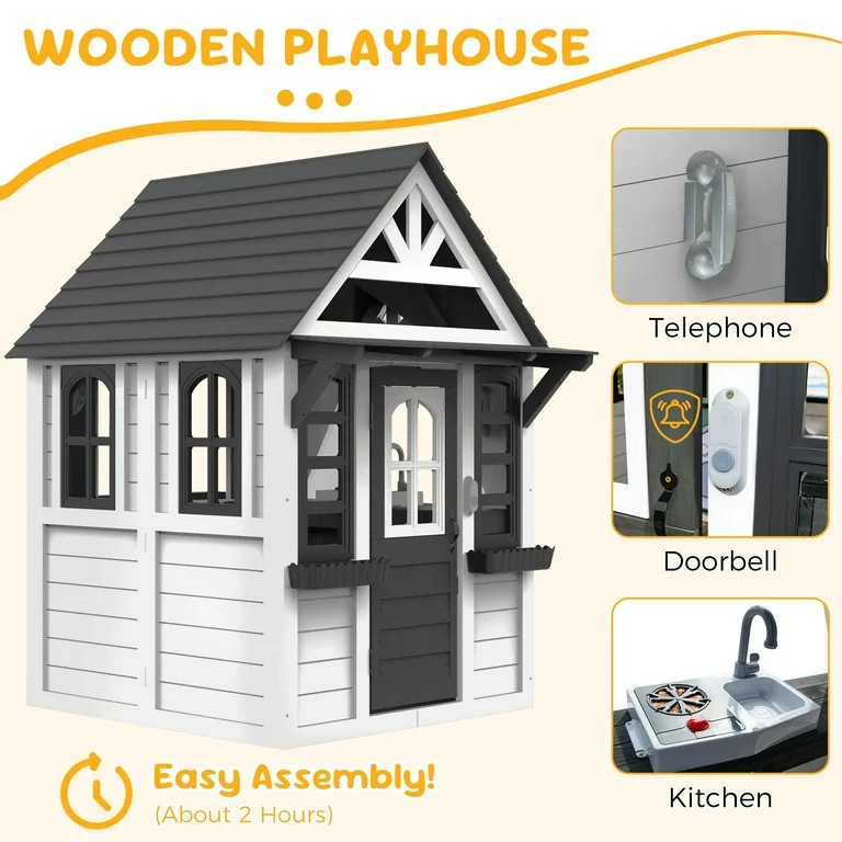 COCLUB Outdoor Playhouse for Kids Ages 4-8, Wooden Play House with Doorbell, Phone, Kitchen Toys,... | Walmart (US)
