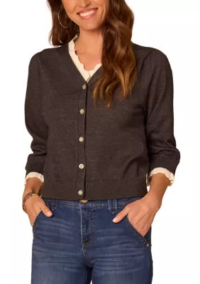 Women's V-Neck Sweater Cardigan with Contrast Ruffles | Belk