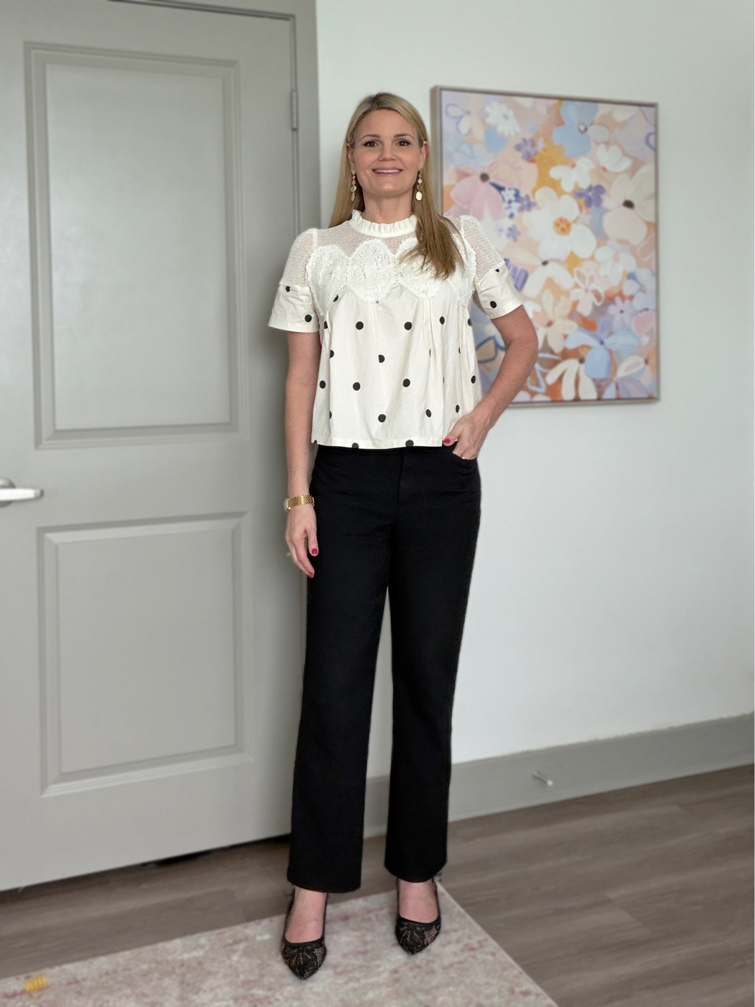 Workwear/office outfit of the day! Wearing size small in the Polk dot blouse and size 4 in the black pants.

#LTKootd #LTKWorkwear #LTKOver40