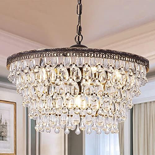 Wellmet Crystal Chandelier, 6-Light 5 Tiers Farmhouse Crystal Light, Adjustable Hanging Bronze Ce... | Amazon (US)