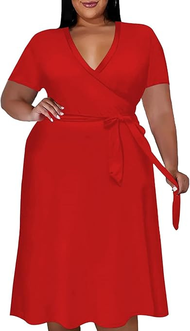 Women's Plus Size Midi Wrap Dresses Summer Short Sleeve Flowy Swing Beach Dress with Belt and Poc... | Amazon (US)