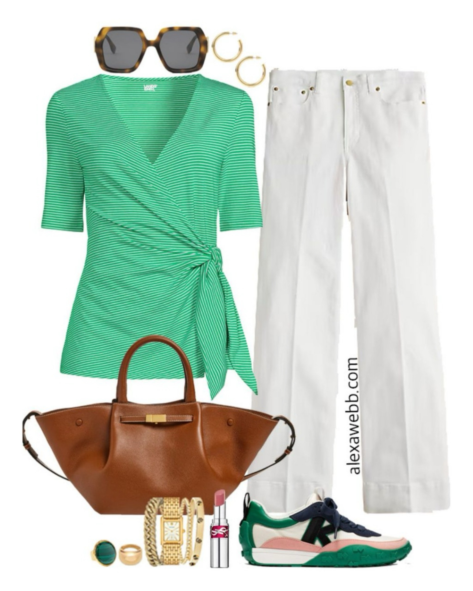 Plus Size Preppy White Jeans Outfits - A plus size preppy casual outfit for spring. A plus size green striped wrap top, white trouser jeans, and Kate Spade sneakers. Alexa Webb #plussize

#LTKStyleTip #LTKOver40 #LTKPlusSize