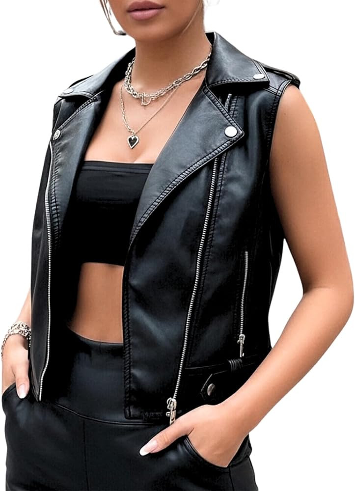 Women's Faux Leather Motorcycle Vest Black Sleeveless Biker Jacket with Zipper Pockets Casual Str... | Amazon (US)