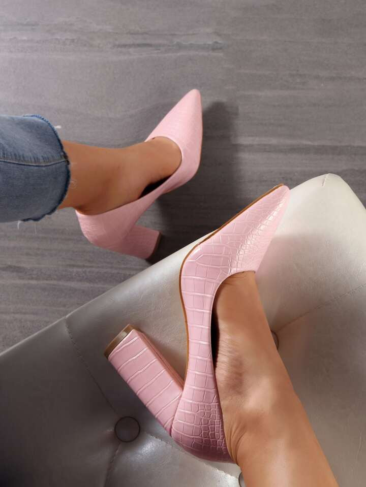 Crocodile Embossed Chunky Heeled Court Pumps, Pink Fashionable Crocodile Pattern High Heels Pumps... | SHEIN