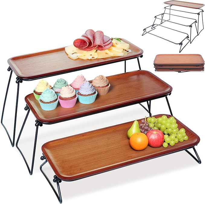 FINESSY 3 Tier Serving Tray, Dark Bamboo Tiered Tray Stand, Cake Stand & Cupcake Holder, Buffet R... | Amazon (US)