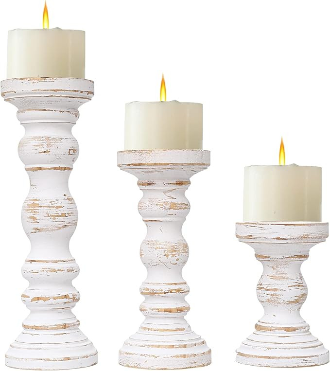 Rustic Farmhouse Wood Pillar Candle Holder Set of 3 for Candlestick, White | Amazon (US)