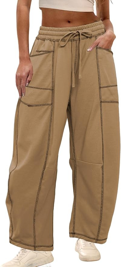Athlisan Womens Baggy Barrel Pants Wide Leg Lounge Drawstring Sweatpants with Pockets | Amazon (US)