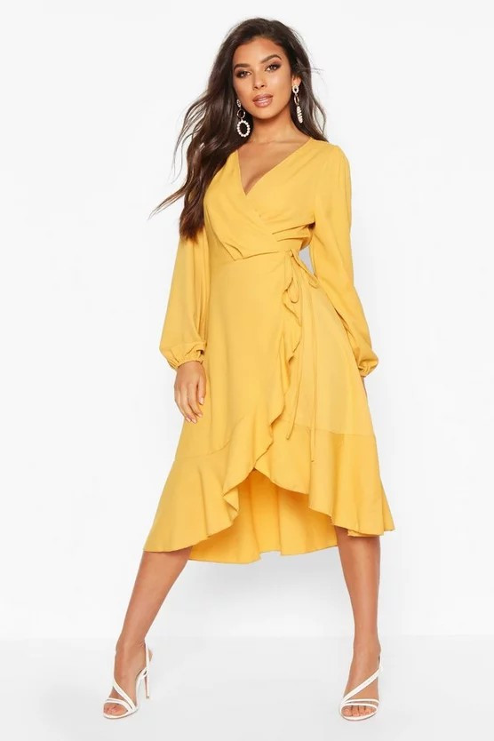 Crepe Ruffle Wrap Midi Skater Dress | Boohoo.com (US & CA)