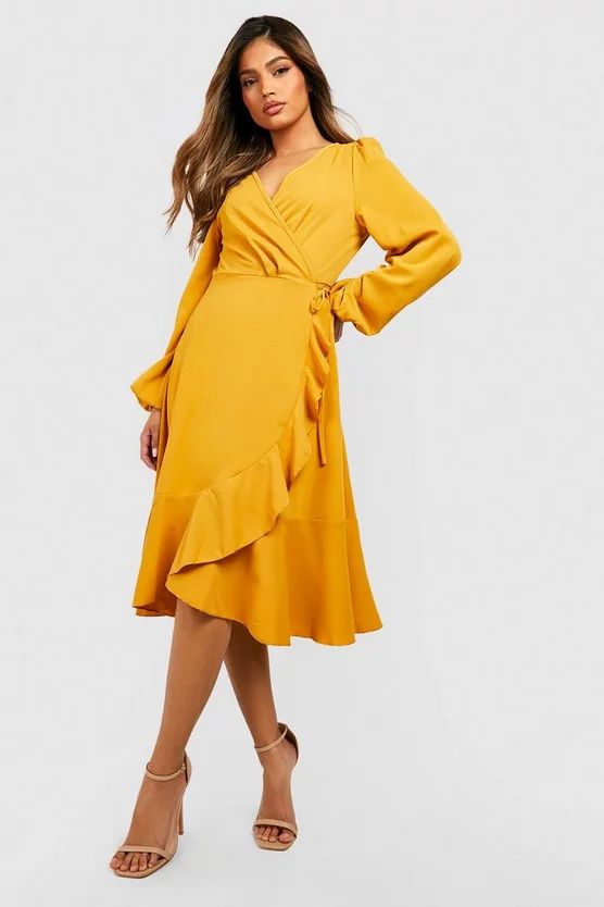 Crepe Ruffle Wrap Midi Skater Dress | Boohoo.com (US & CA)