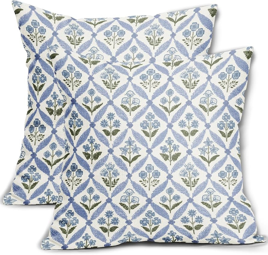 Blue Green Floral Block Print Pillow Covers 18X18 Set of 2, Flower Pattern Spring Summer Print De... | Amazon (US)