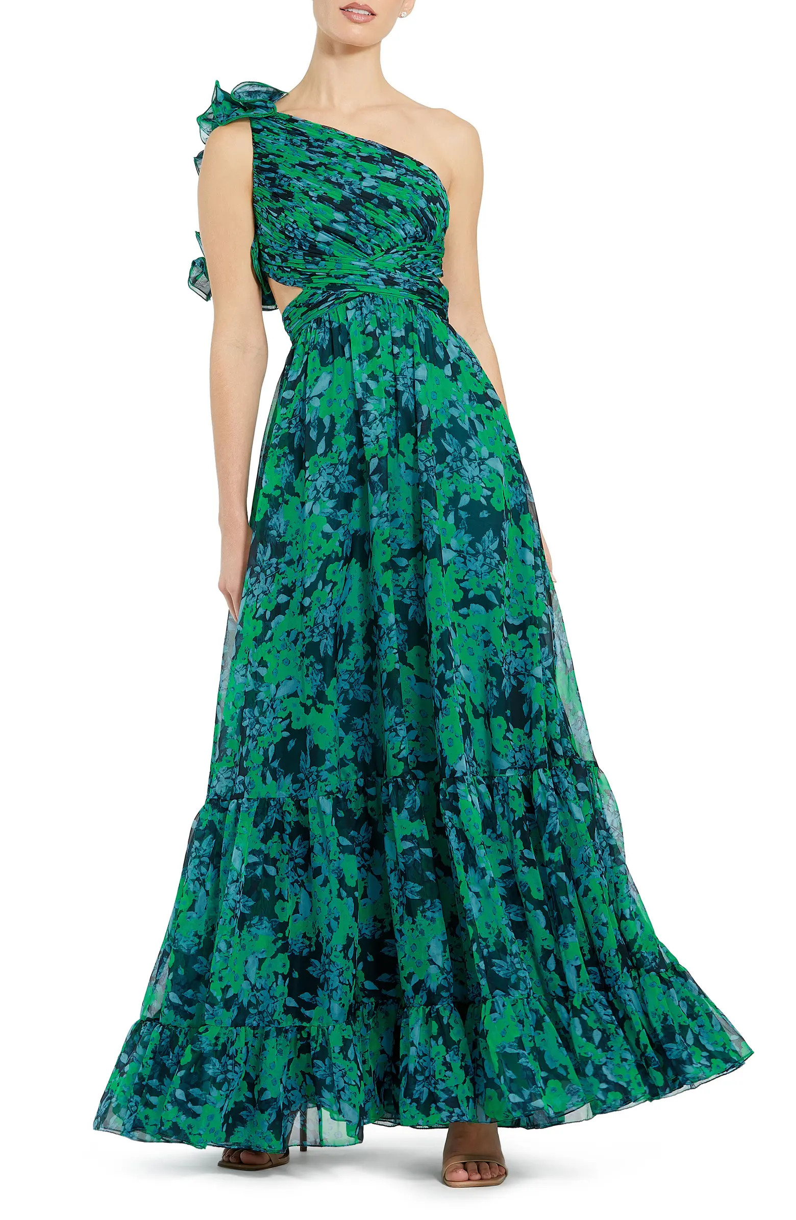 Ruffle Ruched Floral Print One-Shoulder Gown | Nordstrom