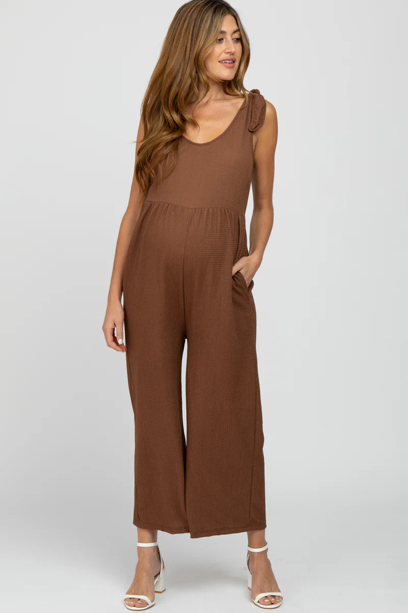Brown Textured Knit Bow Accent Maternity Jumpsuit | PinkBlush Maternity