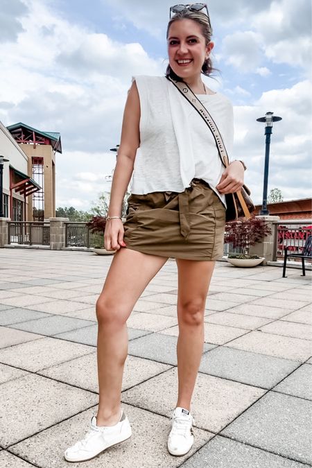 Everyday mom outfit with breezy tee, skort, golden goose sneakers and bag is LV Diane monogram. Free people spring, free people outfit. In a medium in all.

#LTKActive